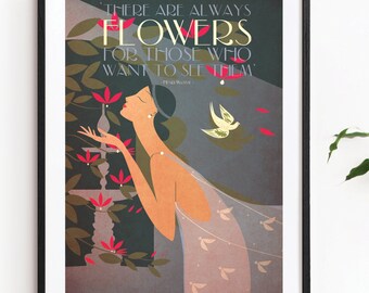 Henri Matisse Flowers Quotation Poster Print, Pink magnolia, flying bird, Bauhaus Vogue 1920's Romantic Garden Floral