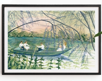 Jules et Jim Boating Illustration, Francois Truffaut Film Painting, Beautiful River Trees landscape Watercolour, Romantic Rowing Art Print