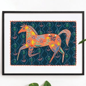 Florale Stutfohlen Illustration, schönes Pferd Tier thematischer Kunstdruck, helle bunte dekorative Malerei, Kinderzimmer Poster