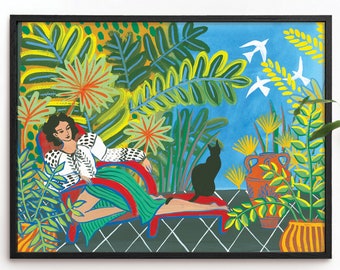 Tropical Patio Lady and Cat Art Print Painting. Matisse Style Botanical Garden Plants Wall Art, Cat Painting Poster Watercolour Illustration