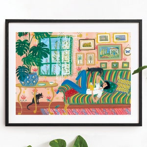 Reading Painting, Cat Lady Art Print, Bright Colourful Poster Illustration, Happy Cheerful Relaxing Artwork Kate Sampson for Red Gate Arts