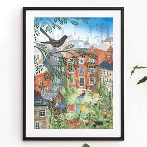 London Garten Kunstdruck Malerei Poster Illustration Vogel Dawn Chor Aquarell Blumen Sommer Bunt Stadtbild Original Design