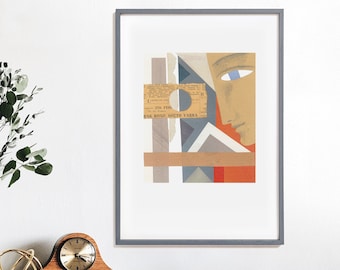 Eye Abstract Collage Modern Art Signed Print by Kate Sampson, Original Design Red Gate Arts, Geometric Cubist Pattern