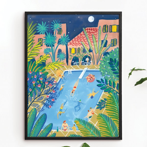 Impresión artística de fiesta en la piscina, ilustración de jardín tropical, pintura de plantas botánicas, arte de pared de verano, póster exótico, regalo de acuarela
