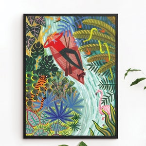 Impresión artística de navegación en la jungla, pintura para niños, tigre tropical, perro, flamenco, plantas botánicas, póster divertido para jardín, ilustración, acuarela