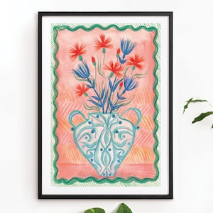 Ilustración de jarrón de clavel, pintura de flores de colores brillantes, impresión de arte de naturaleza muerta floral estilo Matisse impresionista, póster tamaño A1 A2 A3