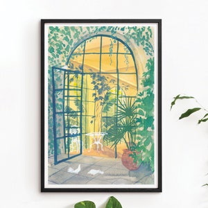 Doves Painting Bird Illustration, Leafy Greenhouse Conservatory Art Print, Beautiful Bright Green Garden Colourful Summer Watercolour Poster