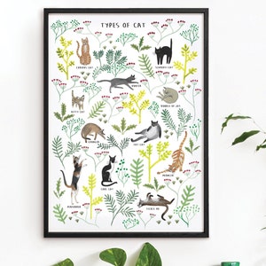 Cat Types Poster Print, Funny Cute Illustration, Cat Lover Gift Present, A3 A2 A1 Sizes, Tropical Leafy Watercolor Painting de Kate Sampson