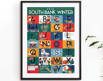 South Bank A-Z of Winter Alphabet Poster Kid's Children's Nursery Wall Art Vintage London Christmas Art Print A3 A2 A1 Size Bright Colourful