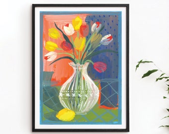 Tulips Vase Matisse Style Art Print, Bright Colourful Painting, Flowers Lemon Impressionist Still Life, Green Blue Pink Poster A1 A2 A3 size