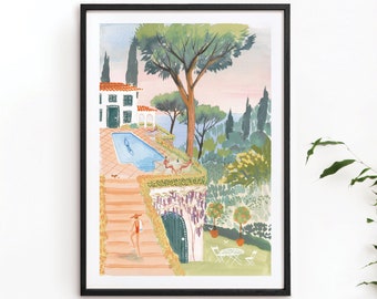 Amalfi Coast Painting Italy Swimming Pool Poster, Mediterranean Botanical Garden Illustration Bright Colourful Italian Summer Wall Art Print