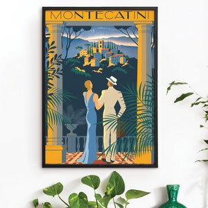 Montecatini Italy Art Deco Poster Romantic Vintage Summer Sunset, 1940's Tuscany Travel Vogue Print, Couple & Landscape, Bright Colourful image 1