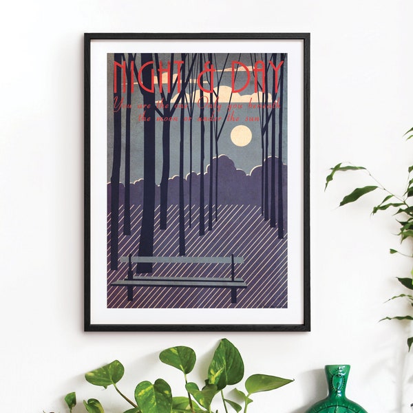 Jazz Cole Porter Night & Day Art Deco Poster Print Bauhaus A3 A2 A1  Vintage 1920's 1930's  Quote Vogue Landscape Trees Moon Night Sky Dusk