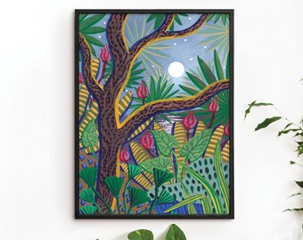 Tropical Moon Jungle Art Print Painting A3 A2 A1 Poster, Colourful Bright Botanical Illustration Watercolour Green Blue Leafy Rousseau Style