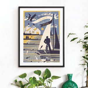 Whitstable Beach Fishing Seaside Holiday Travel, Oyster Festival Original Design Art Deco 1920&#39;s A3 A2 A1 Poster Print Bauhaus Vintage