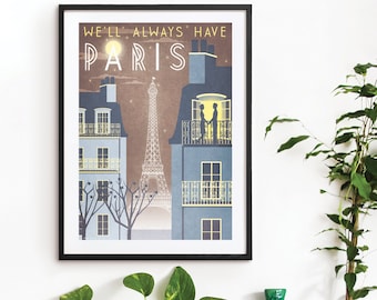 Paris Eiffel Tower Casablanca Art Deco Poster Print A3 A2 A1 Vintage City French 1940's Vogue Cityscape Travel Holiday Romantic Movie Quote