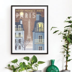 Paris Eiffel Tower Casablanca Art Deco Poster Print A3 A2 A1 Vintage City French 1940's Vogue Cityscape Travel Holiday Romantic Movie Quote image 1