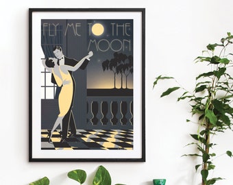 Fly Me To The Moon Art Deco Poster Print Frank Sinatra Vintage Dance Romantic Couple Original A3 A2 A1 Bauhaus Tango Vogue 1940's 1930's