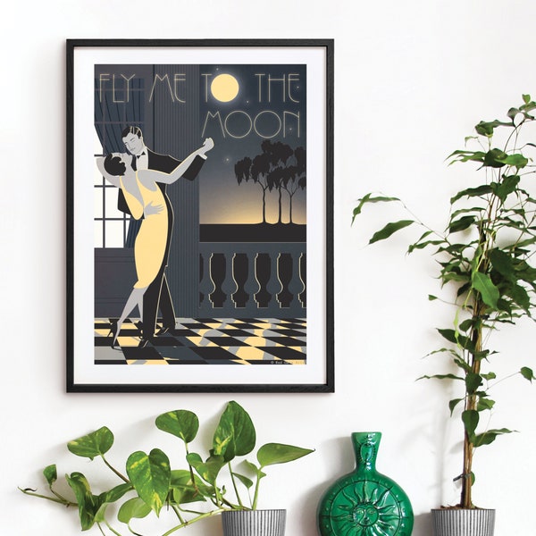 Fly Me To The Moon Art Deco Poster Print Frank Sinatra Vintage Dance Romantic Couple Original A3 A2 A1 Bauhaus Tango Vogue 1940's 1930's