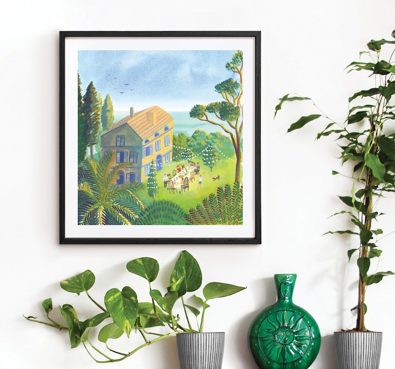 The Durrells in Corfu Illustration, Greece Seascape Painting Art Print, A3 Landscape Poster Colourful Bright Mediterranean Sea Garden Party image 1
