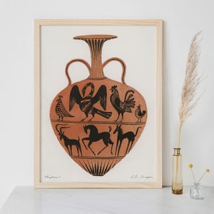 Pintura de jarrón griego, ilustración de ánfora con patrón de pájaro/animal, cerámica de terracota antigua de Kate Sampson tamaño A1 A2 A3 Impresión de arte