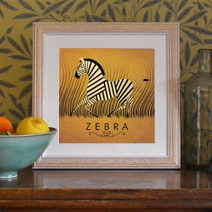 Zebra Print Art Deco Baby Nursery Animal Alphabet Design Vintage 1930's 1940's Childrens  7x7" Small Square Cute Beautiful Retro Poster