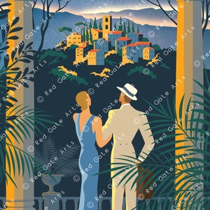 Montecatini Italy Art Deco Poster Romantic Vintage Summer Sunset, 1940's Tuscany Travel Vogue Print, Couple & Landscape, Bright Colourful image 3