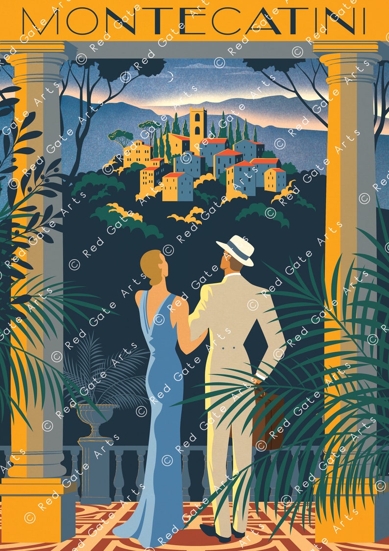 Montecatini Italy Art Deco Poster Romantic Vintage Summer Sunset, 1940's Tuscany Travel Vogue Print, Couple & Landscape, Bright Colourful image 3