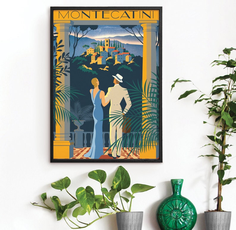 Montecatini Italy Art Deco Poster Romantic Vintage Summer Sunset, 1940's Tuscany Travel Vogue Print, Couple & Landscape, Bright Colourful image 1