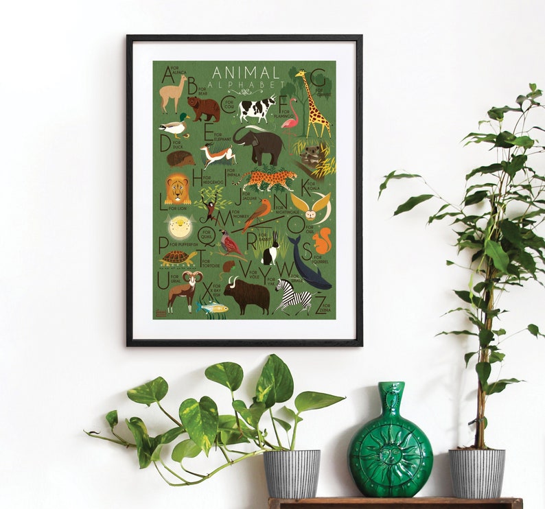 Animal Alphabet Poster Print Children's A-Z Nursery Art A3 A2 A1 Size Vintage Illustration Elephant Monkey Lion Koala Zebra Flamingo Giraffe 
