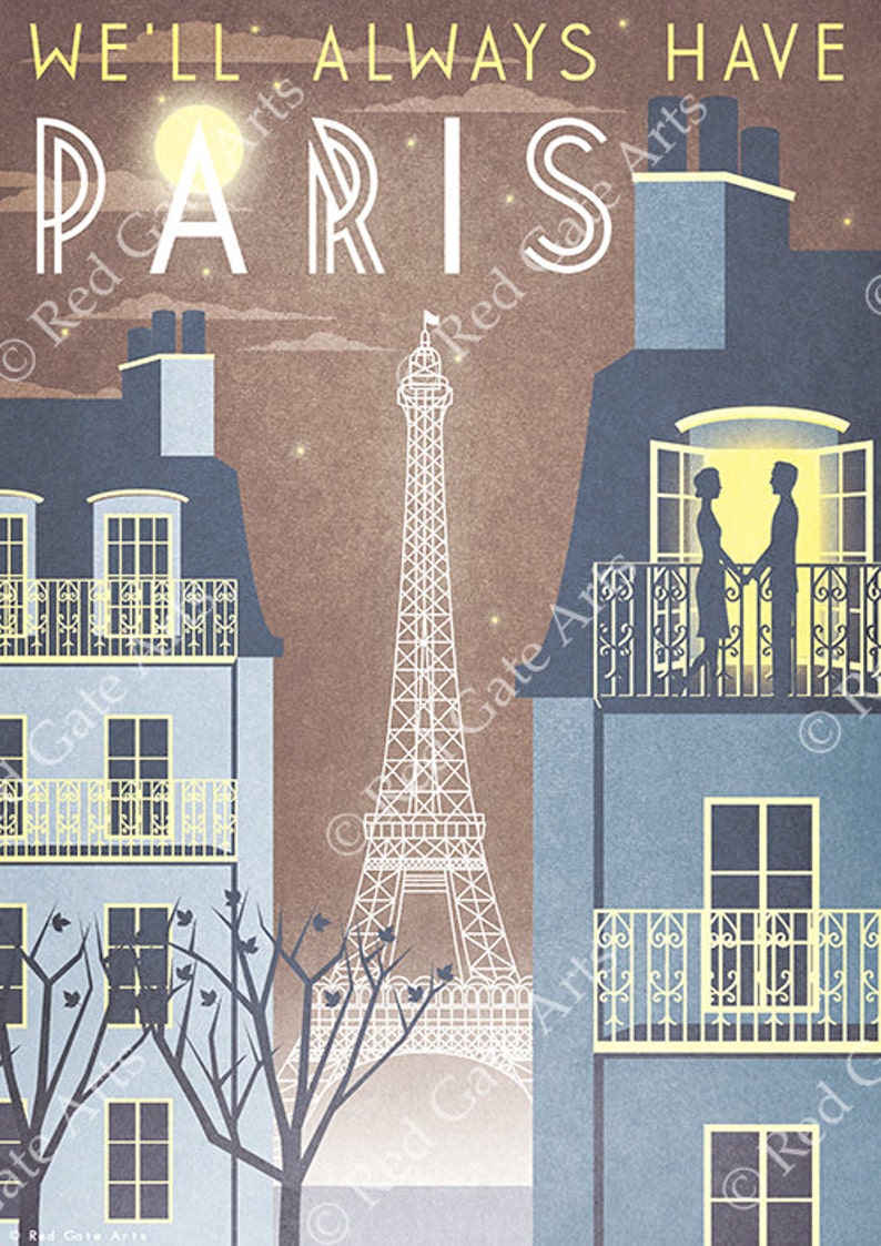 Paris Eiffel Tower Casablanca Art Deco Poster Print A3 A2 A1 Vintage City French 1940's Vogue Cityscape Travel Holiday Romantic Movie Quote image 3