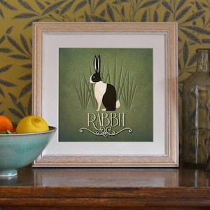 Impresión artística de conejo, póster de animales para guardería infantil, linda imagen de conejito de tamaño cuadrado de 7 x 7 pulgadas, arte de pared para bebé, ilustración del alfabeto, obra de arte verde