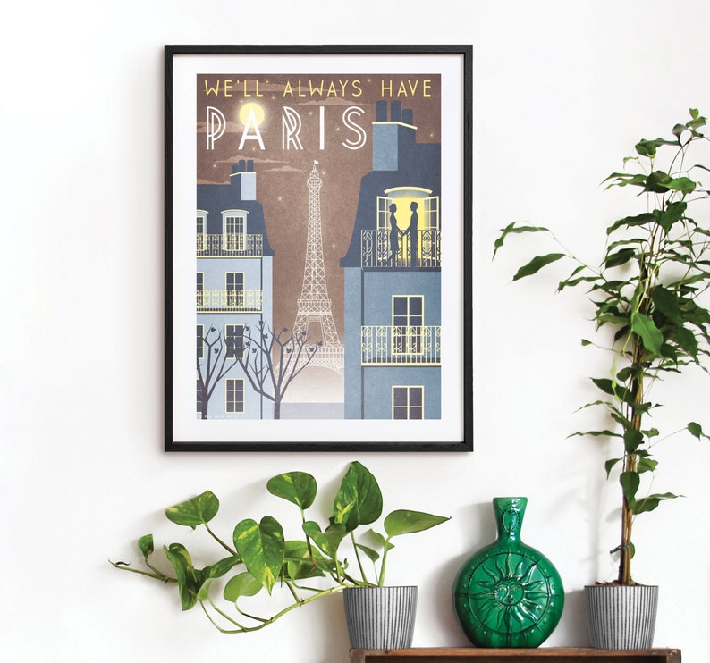 Paris Eiffel Tower Casablanca Art Deco Poster Print A3 A2 A1 Vintage City French 1940's Vogue Cityscape Travel Holiday Romantic Movie Quote image 1