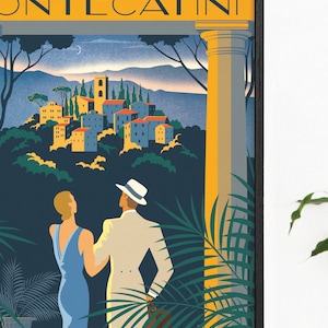 Montecatini Italy Art Deco Poster Romantic Vintage Summer Sunset, 1940's Tuscany Travel Vogue Print, Couple & Landscape, Bright Colourful image 2