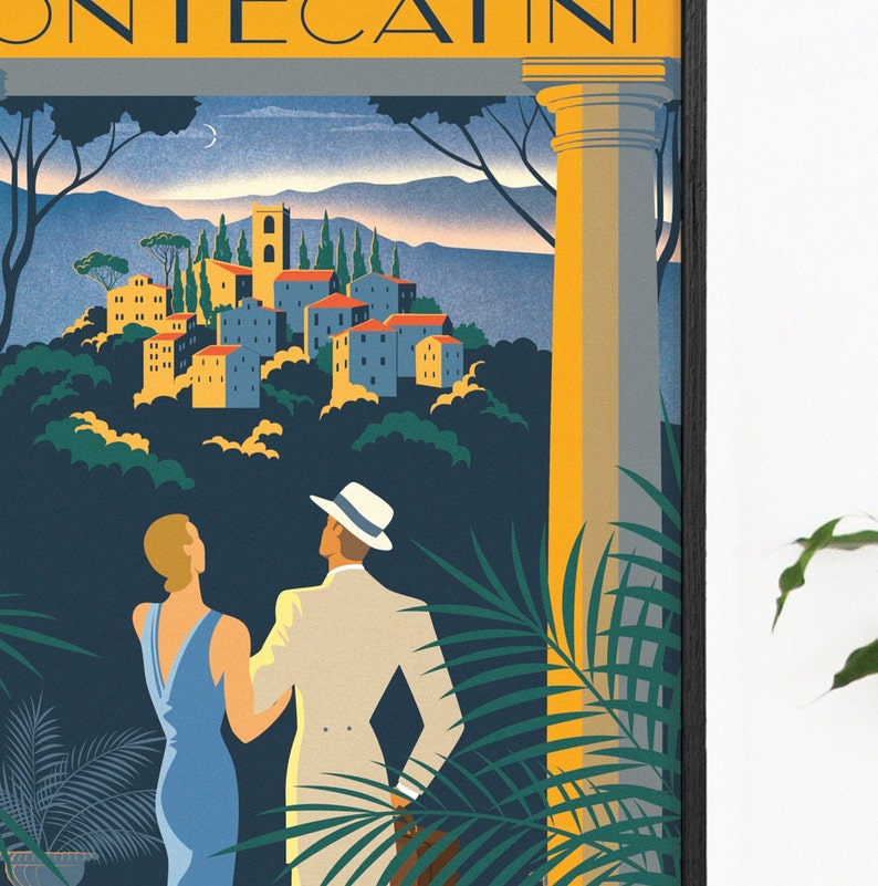 Montecatini Italy Art Deco Poster Romantic Vintage Summer Sunset, 1940's Tuscany Travel Vogue Print, Couple & Landscape, Bright Colourful image 2