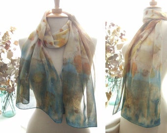 Ecoprint pure silk scarf, organic dye of pressed leaves, botanical ecoprint blue beige rust, wearable art, sustainable fashion gift