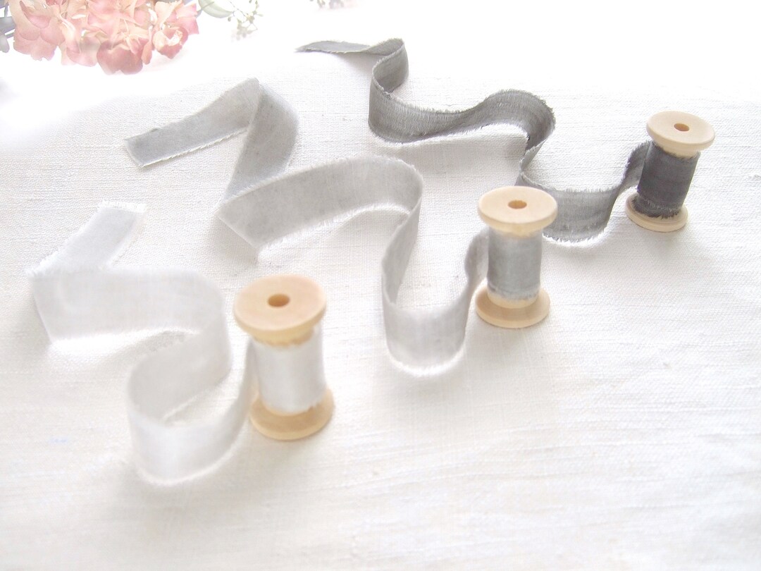 Gray Silk Ribbon, Naturally Dyed, Feathered Edges, Gradient of Shades