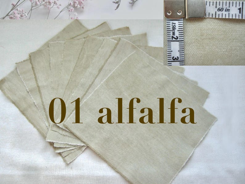 Un coupon de tissu vert pale plié, portant le texte "01 alfalfa". Un ruban à mesurer est visible en haut, indiquant la densité du tissu.
Coupon de tissu ancien teint avec des plantes pour réaliser des broderies, patchwork, créations textiles.
Création et fabrication en France de Dyeing2meetu sur Etsy