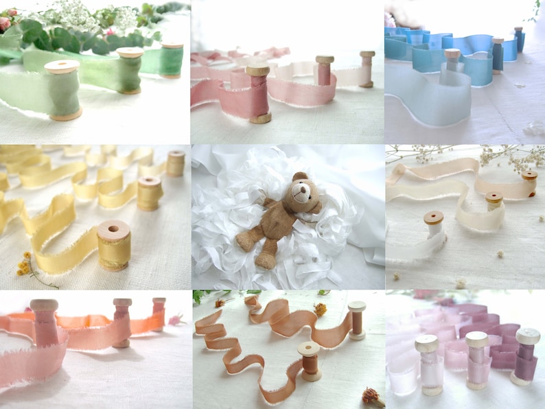 May include: Assortment of ten spools of silk ribbon in various colours, including light blue, light pink, light green, beige, and ivory. The ribbon is arranged in a decorative fashion on a white surface.