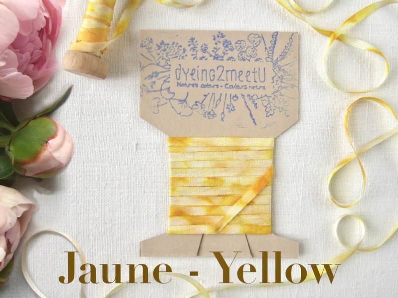 Ruban de soie 4mm en teinture végétale variée, 3m 3.3yd, teint à la main en France, ruban tissé pour broderie, décoration, loisir créatif Jaune - Yellow