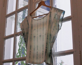 French silk top with blue Shibori tie dye ethically made and dyed with woad plant, S size, handmade in France