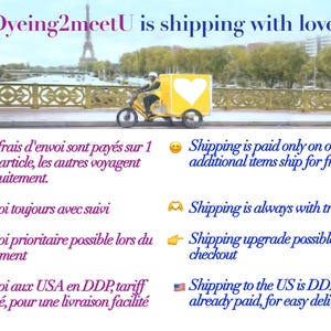 Image avec le texte "Dyeing2meetU is shipping with love!". Un véhicule de livraison jaune avec un logo en forme de cœur est sur un pont devant la Tour Eiffel. Le texte en anglais et en français décrit les détails d'expédition.