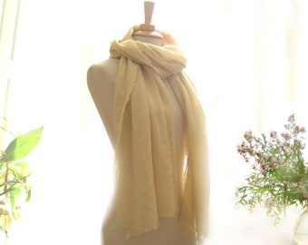 Fine wool scarf naturally dyed in pale yellow, a winter holiday present of soft wool long pastel wrap