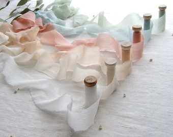 Crepe Georgette silk chiffon ribbon in plant dyed tones and raw edge, white, ivory, champagne, pink, blue, green, 1.5y L, 1" to  4" W