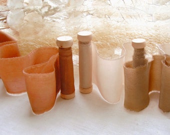 Terracotta silk ribbon, plant-dyed, 100% habotai crêpe silk, latte or café copper earthy rust, burnt orange, brown, hand torn, 1.5 / 3y