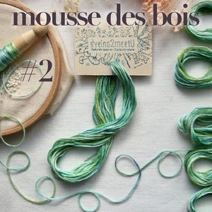 Un cercle à broder avec un manche en bois contient un motif partiellement brodé. Du fil à broder vert et bleu est présenté, ainsi qu'une carte avec l'inscription "dyeing2meetU". Le texte "mousse des bois" et le numéro "#2" sont également visibles.