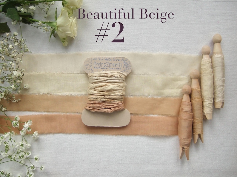 Rubans de soie recyclée de sari teints à la main avec des plantes, bord brut, zero waste, environ 3.5m (4y) #2 Beautiful Beige