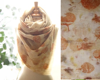 Oversized wool scarf with naturally hand dyed leaves and flowers ecoprints, burnt orange & beige one of a kind stole wrap, 77x29in-195x75cm