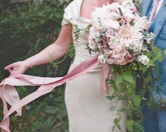 Silk ribbon in dusty pink tones naturally hand dyed, hand torn raw fringe edge, wedding bouquet or gift wrap styling, habotai 1.5 or 3y