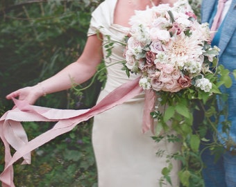 Silk ribbon in dusty pink tones hand dyed with plants, hand torn raw fringe edge, wedding bouquet or gift wrap styling, habotai 1.5 or 3y